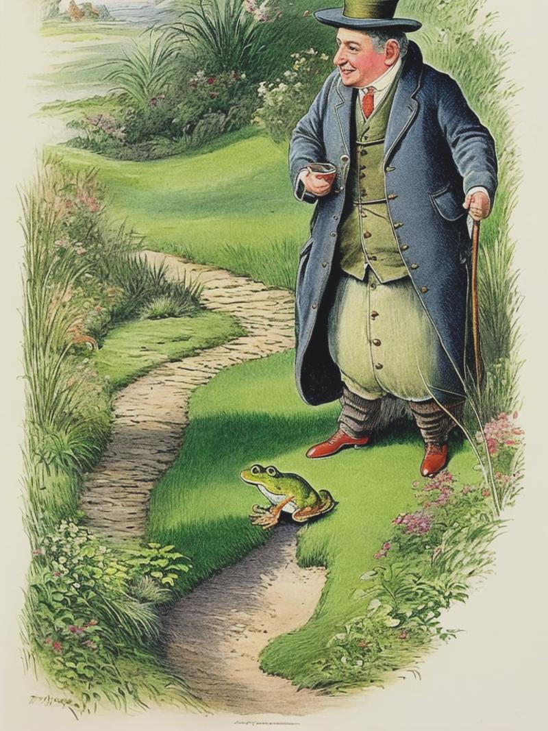 06106-4075808799-vintage illustration Beatrix Potter style of 2 frogs, wearing long coats, talking on a garden trail.png